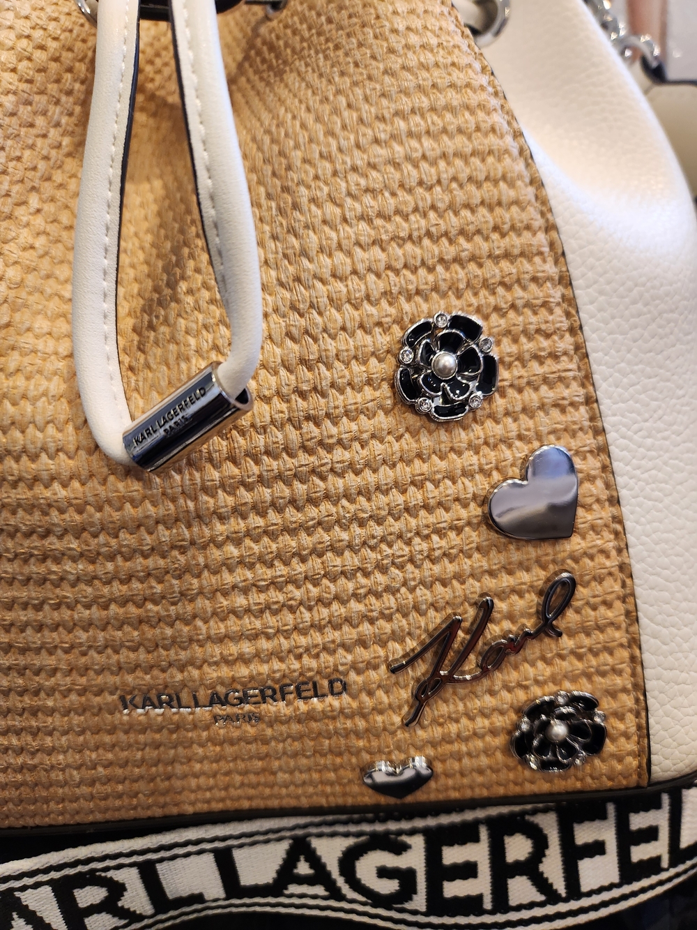 Karl Lagerfeld White & Natural Woven Drawstring Bucket Bag W Charms NWT - Picture 3 of 14
